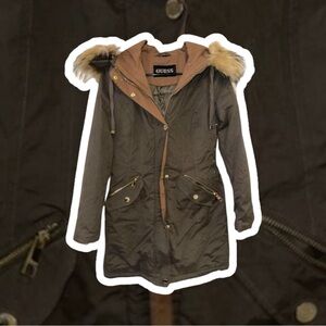 Guess Women's Khaki Utility Jacket with Faux Fur Hood